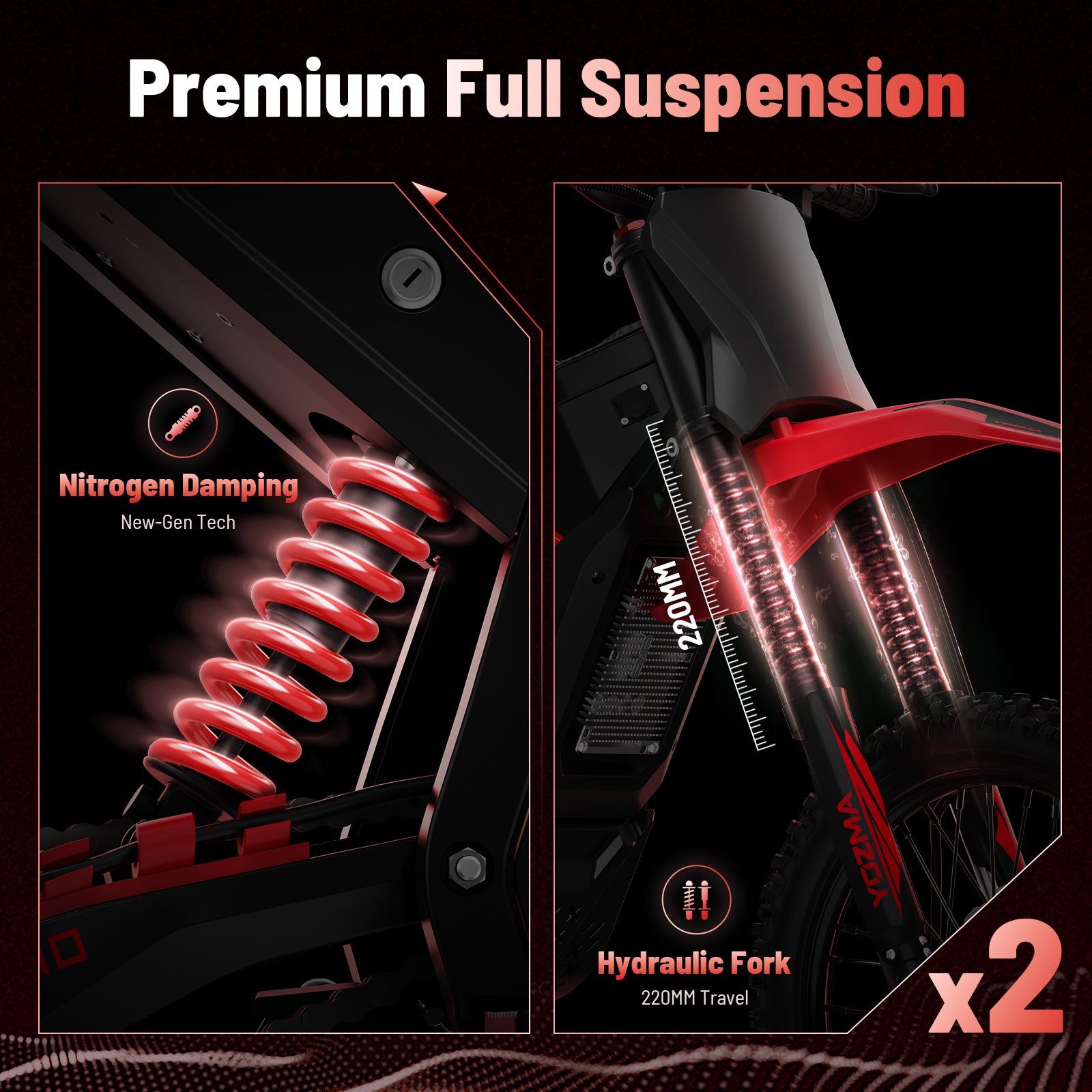 A close-up collage highlights the red coil of the premium full suspension system on the bike.