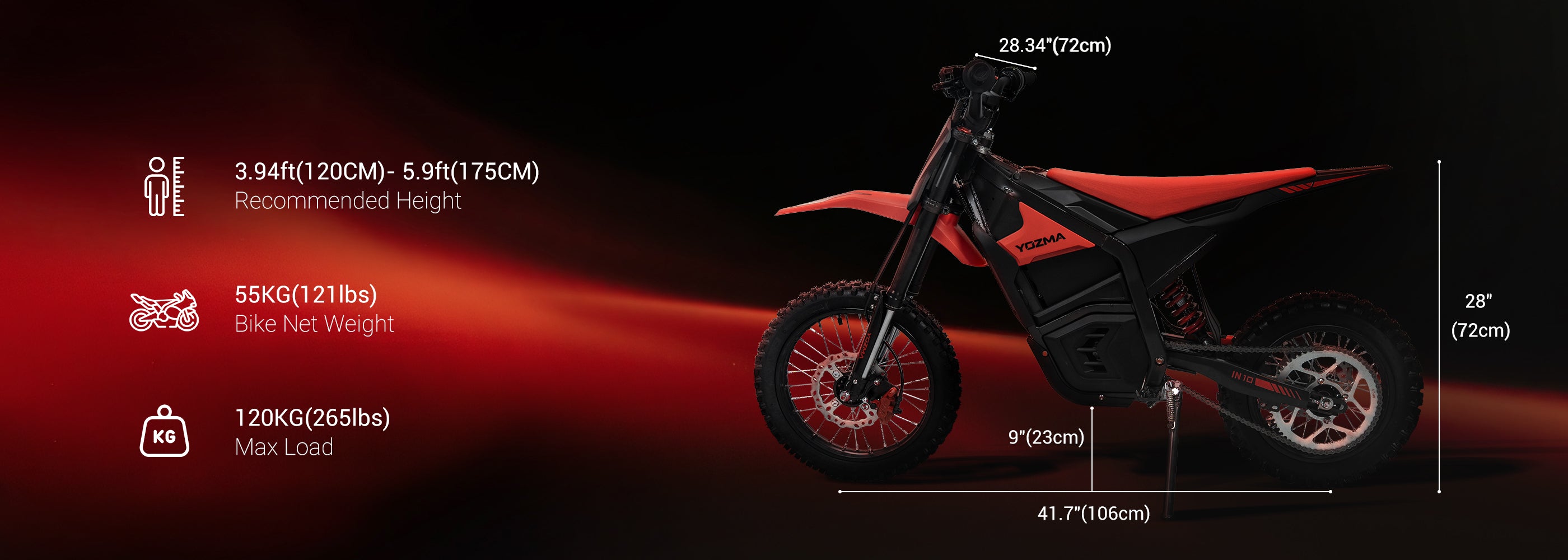 a recommended rider height of 3.94 to 5.9 feet (120-175cm), a net bike weight of 121 pounds (55kg), and a maximum load capacity of 265 pounds (120kg). The detailed measurements shown on the bike are a 41.7-inch (106cm) wheelbase, a 28-inch (72cm) seat height, a 9-inch (23cm) ground clearance, and a handlebar width of 28.34 inches (72cm).