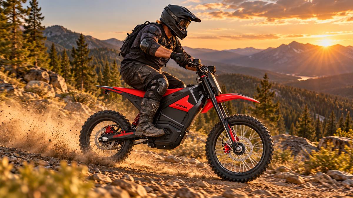 Stocky adult rider riding a red Yozma IN 10 Pro electric dirt bike